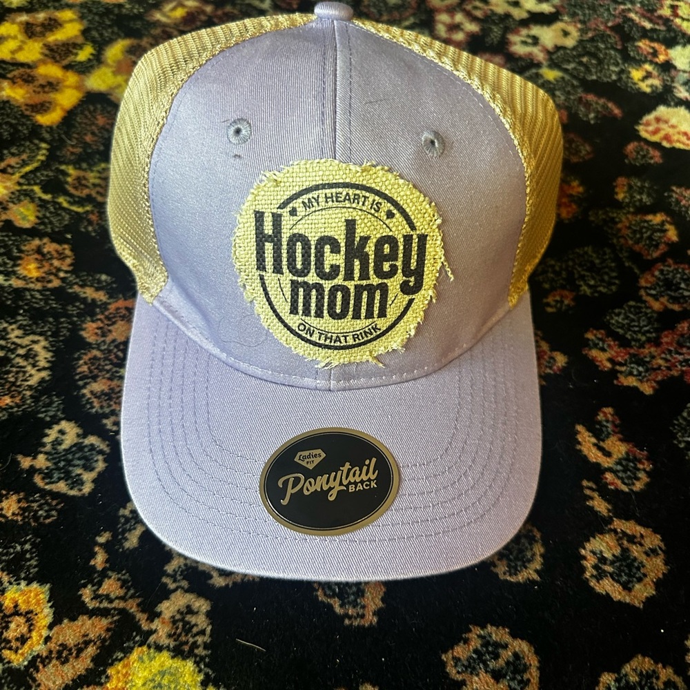 Hockey Mom Ponytail Back Trucker Hat - Lavender and Yellow